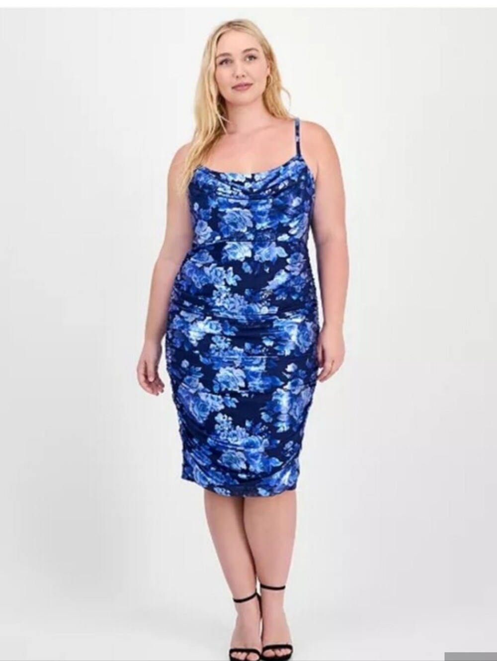 City Studios NWT XS Navy Royal Blue Metallic Floral Ruched Bodycon Midi Dress